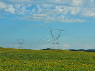 A landscape featuring wide fields of green grass with tall power lines stretching across the scene. The sky is bright and filled with fluffy clouds under a light blue gradient.