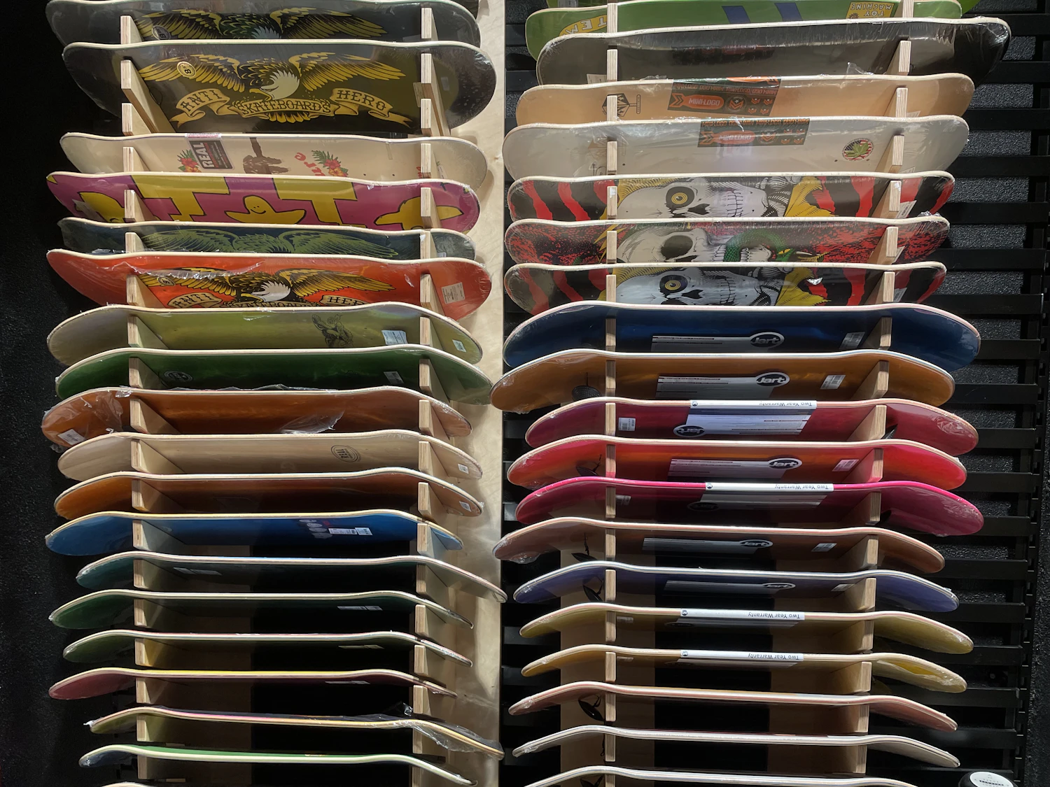 The deck rack at Kerbcut Supply, stacked two columns deep