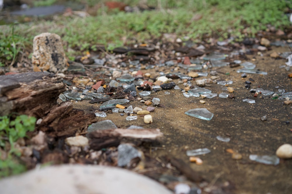 a bunch of broken glass sitting on the ground