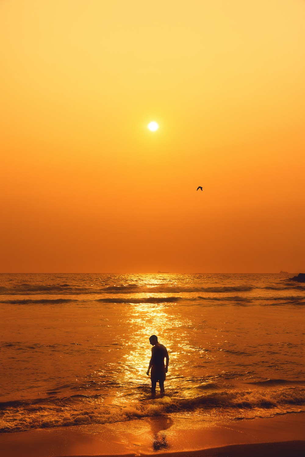 a person standing in the ocean at sunset