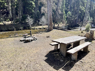 A rustic picnic setup near a bubbling mountain stream with wooden benches and wildflowers.