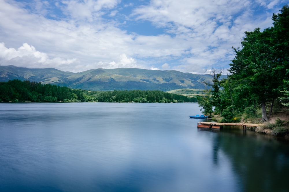 a body of water surrounded by trees and mountains