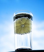 A tall glass filled with clear sparkling water and a slice of lemon immersed in it, with bubbles clinging to the lemon slice. The background is a bright, clear blue sky, giving the image a fresh and invigorating feel.