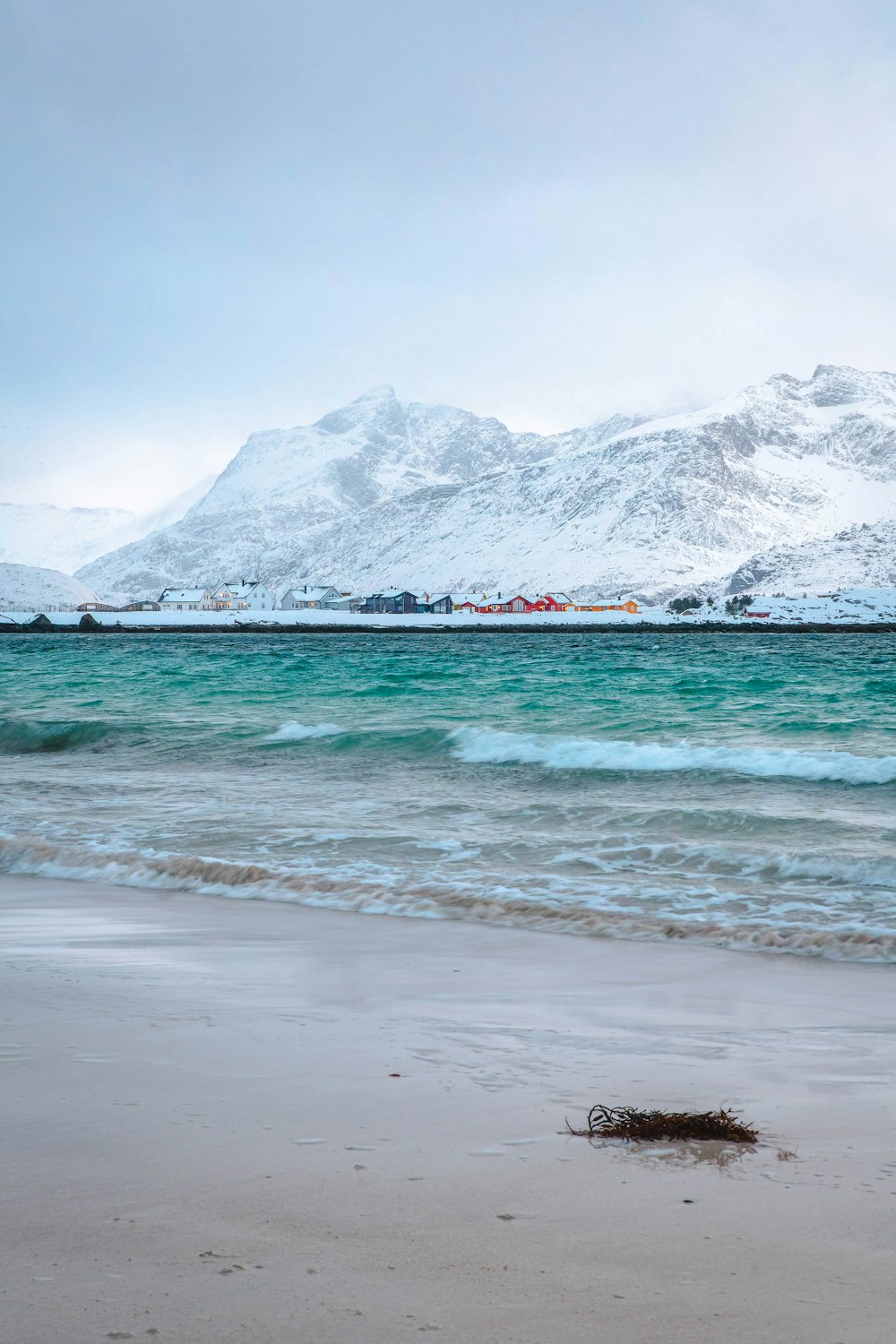 a sandy beach with a mountain in the background