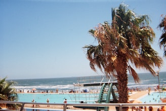 Technicians installing pool equipment at a coastal resort under clear blue skies.
