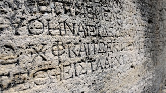 Ancient stone surface with carved inscriptions in a classical language.