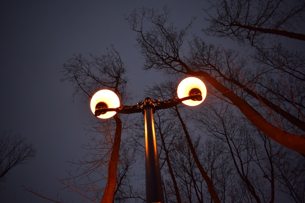 a street light in front of some trees