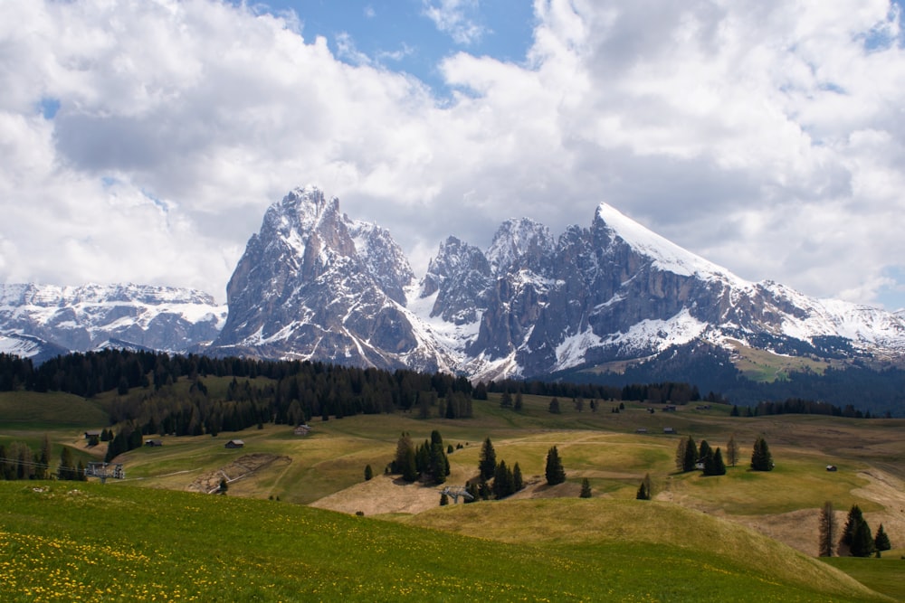 Die Berge sind mit Schnee und grünem Gras bedeckt