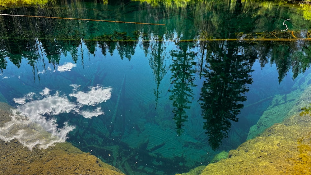 the water is very clear and blue with some clouds in it