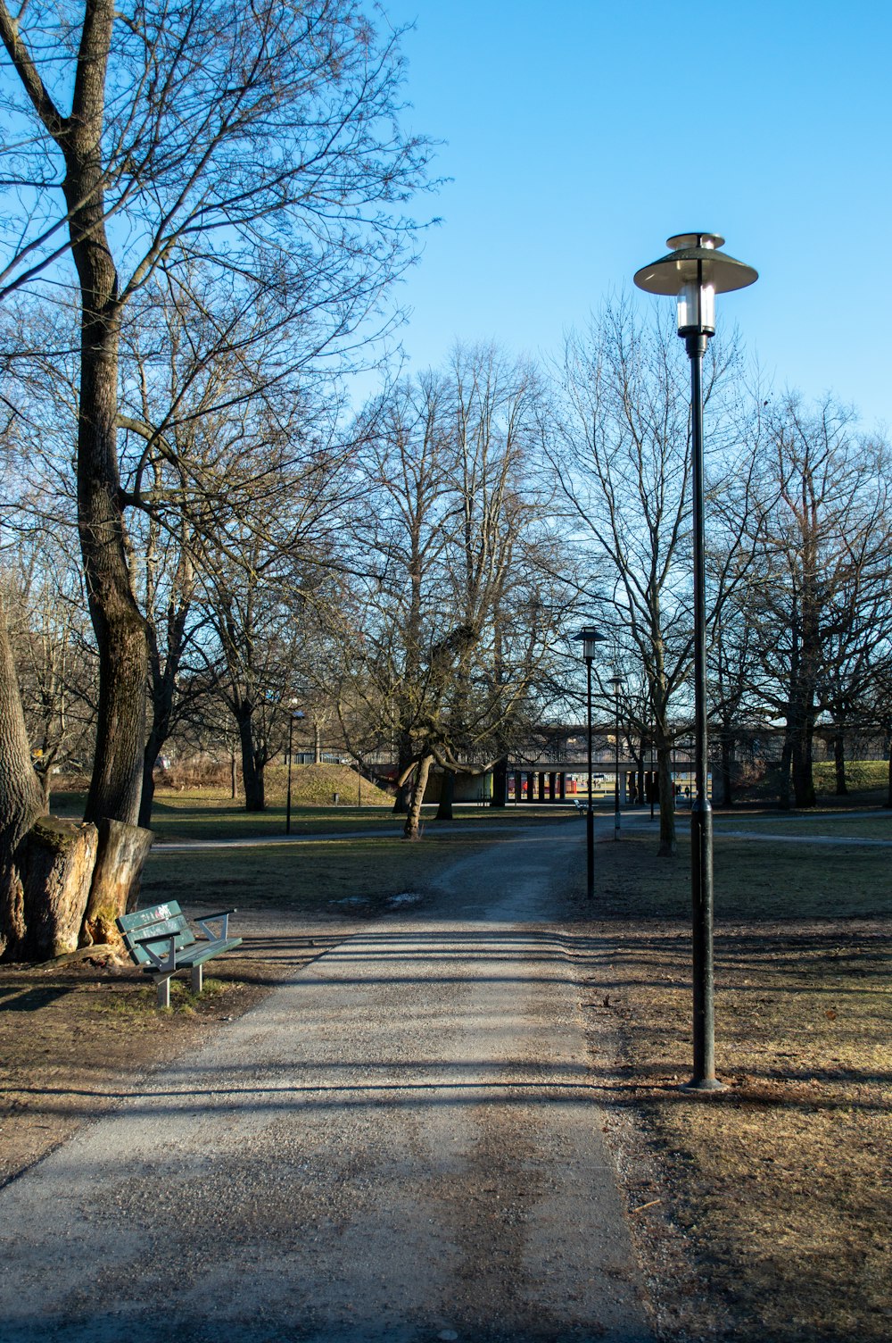 a park with a bench and a lamp post