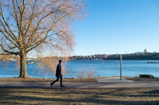 a man walking down a sidewalk next to a tree