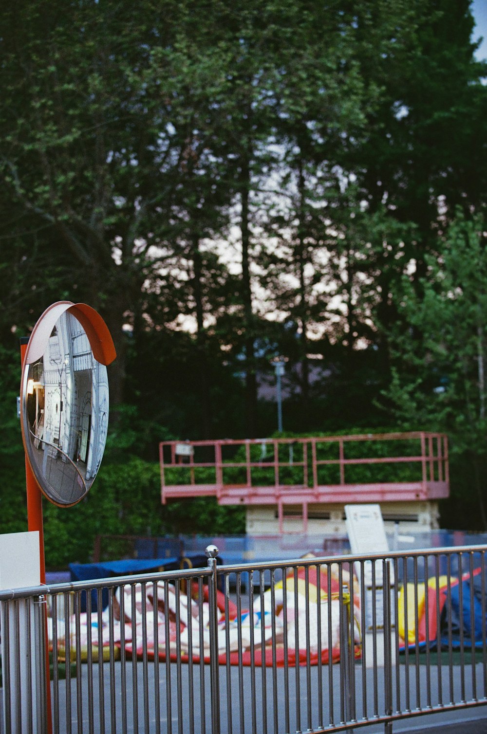 a reflection of a skateboard park in a mirror