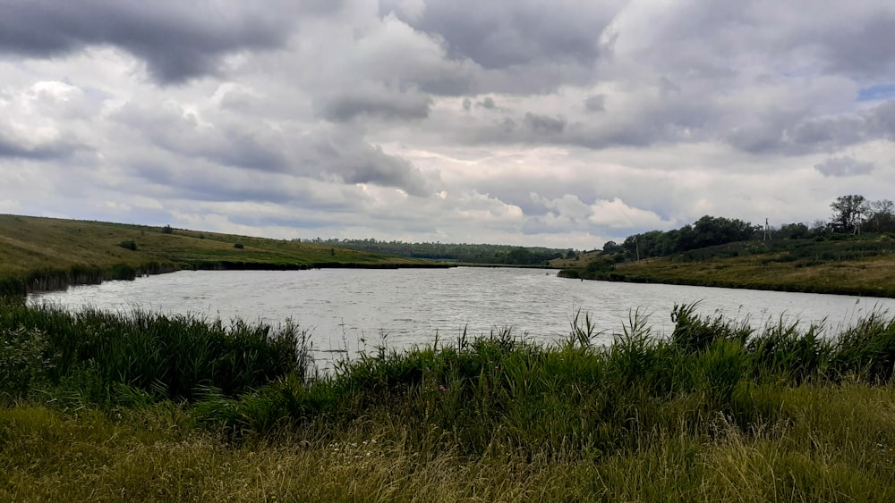 a large body of water surrounded by lush green grass