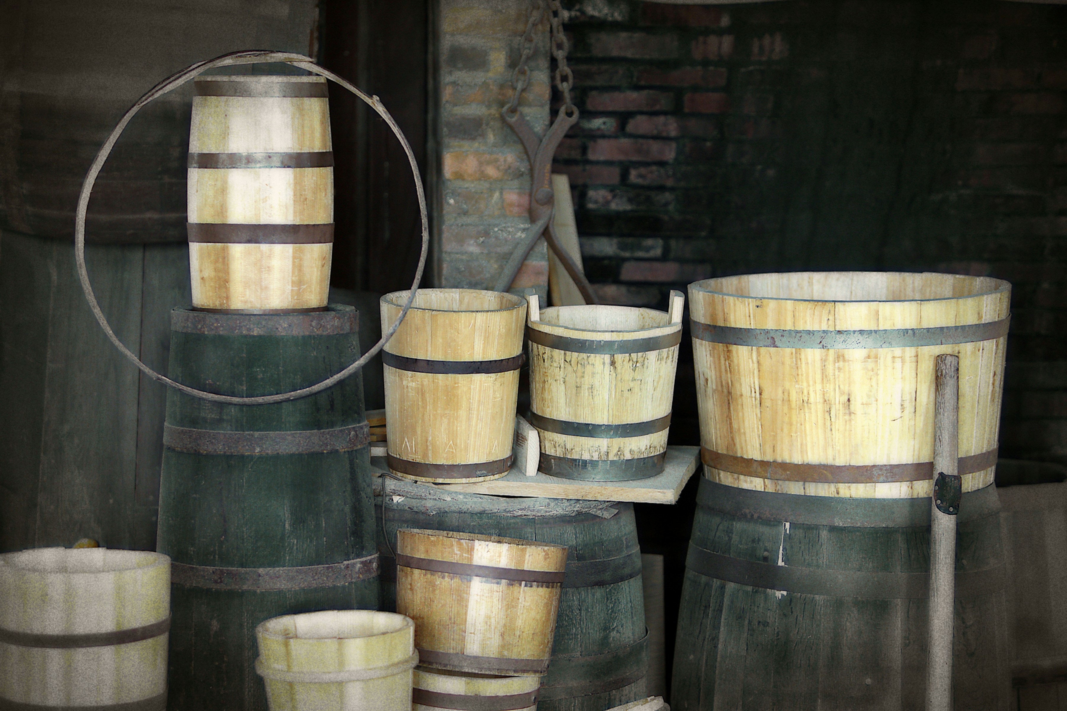 a bunch of barrels stacked on top of each other