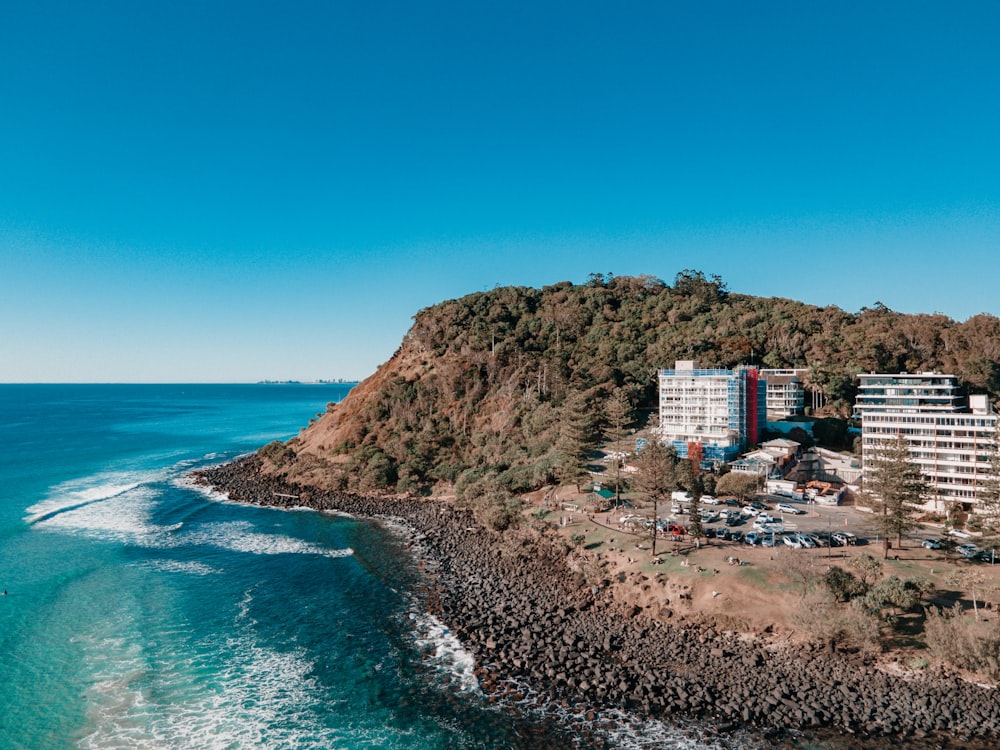 an aerial view of a resort on a small island