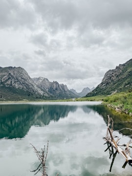 A calm mountain lake reflecting rugged peaks under a cloudy sky.