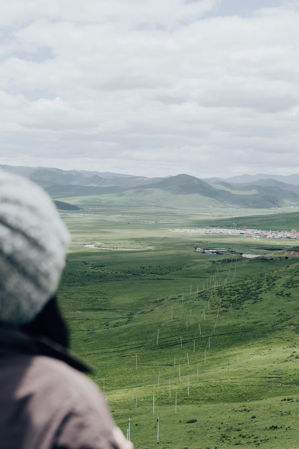 a person standing on top of a lush green hillside