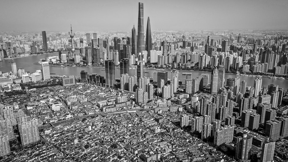 a black and white photo of a large city