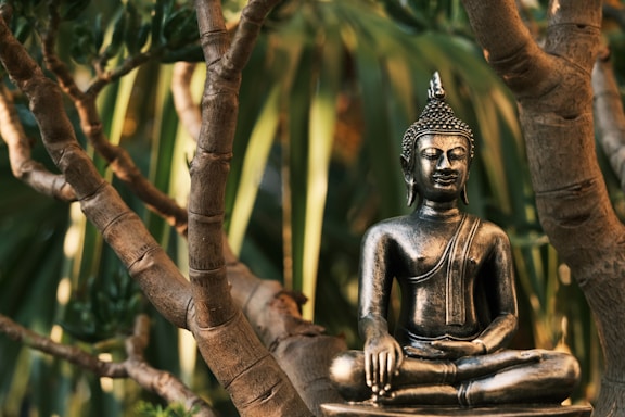 a statue of a buddha sitting in a tree