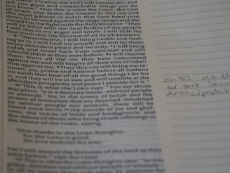 A page of printed text that appears to be from a book, with some handwritten notes in a different section. The text covers biblical themes and appears to be a discussion about a city and its future as mentioned in religious scriptures. The handwriting on the right seems like brief notes or annotations.