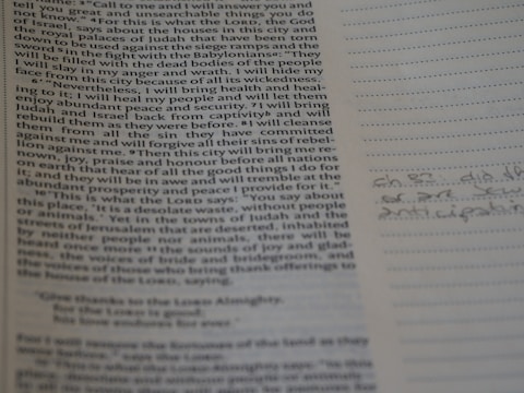 A page of printed text that appears to be from a book, with some handwritten notes in a different section. The text covers biblical themes and appears to be a discussion about a city and its future as mentioned in religious scriptures. The handwriting on the right seems like brief notes or annotations.