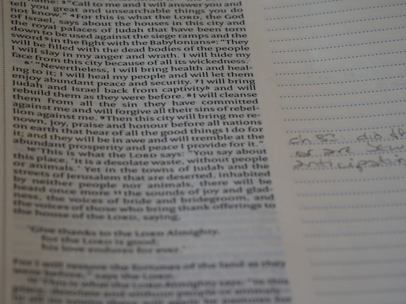 A page of printed text that appears to be from a book, with some handwritten notes in a different section. The text covers biblical themes and appears to be a discussion about a city and its future as mentioned in religious scriptures. The handwriting on the right seems like brief notes or annotations.