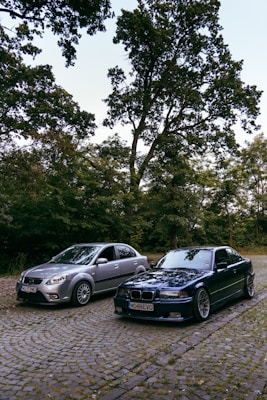 Two cars are parked on a cobblestone path surrounded by lush green trees. The weather appears to be overcast, with a light filtering through the tree canopy. The cars, one silver and one dark blue, are positioned side by side, showcasing different models and styles.