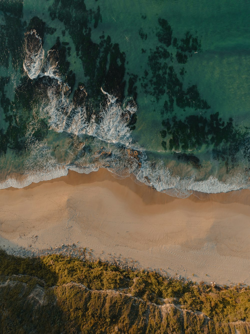 an aerial view of a sandy beach and ocean