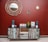 A rustic wooden sideboard with an eclectic design stands against a deep red wall. Above it, three decorative round mirrors with woven frames add an artistic touch. The sideboard is adorned with two tall blue speakers, a potted green plant, a picture frame, and a colorful 'HOME' sign. The floor is tiled in a neutral beige color, complementing the decor.
