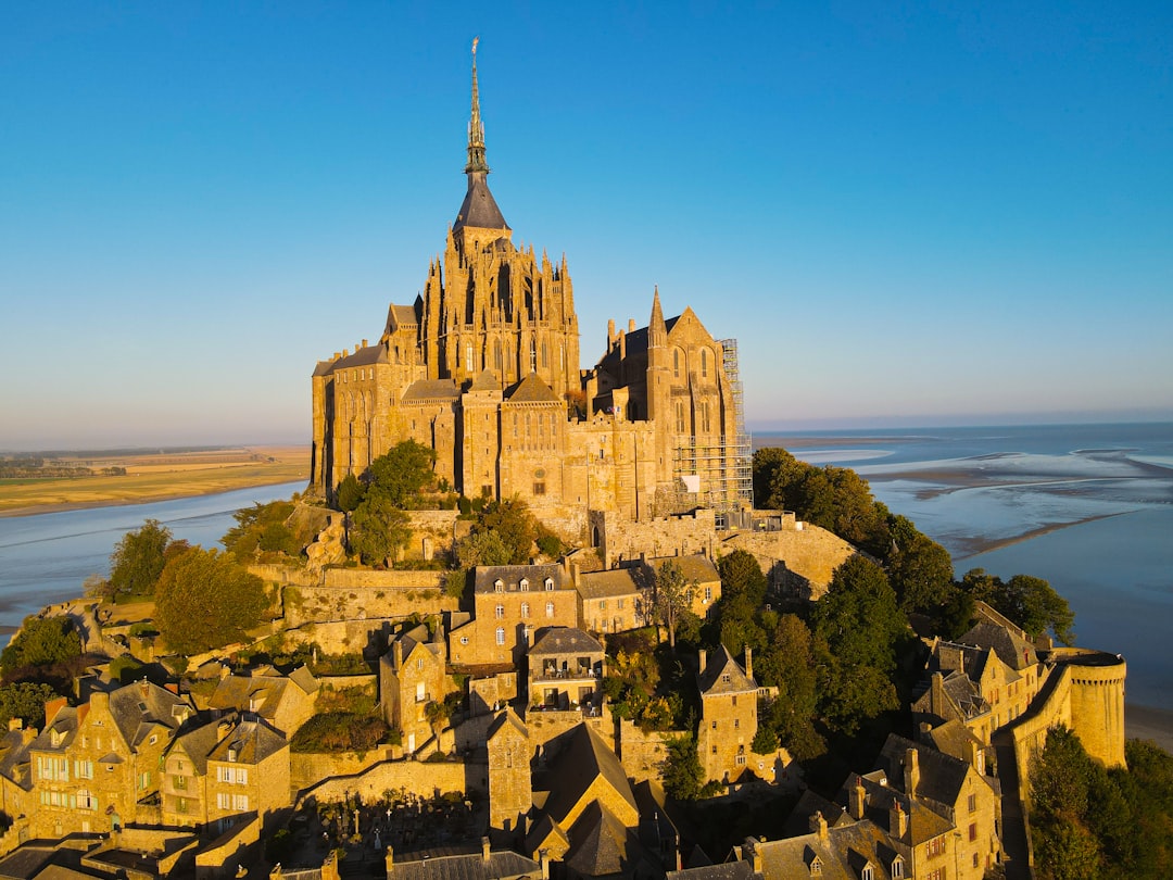 an aerial view of a castle with a lake in the background,