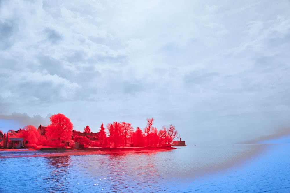 a picture of a lake with red trees in the foreground
