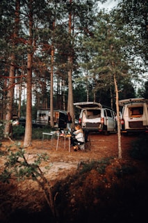 A forest setting with several vans parked among tall trees. A person sits at a table with camping equipment and supplies in front of one of the vans, suggesting a camping scene.