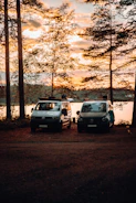 A fleet of light commercial vans lined up in a Birchline lot at sunset.
