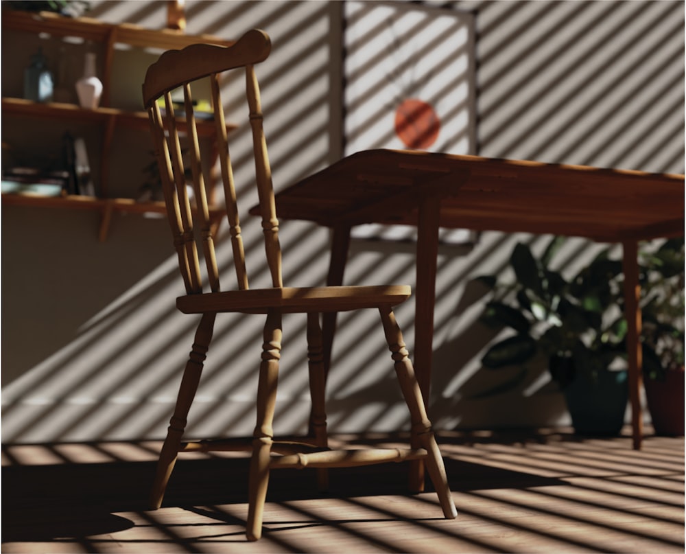 a wooden chair sitting next to a wooden table