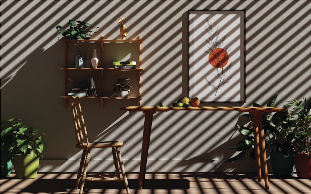 a picture of a plant and a table in a room