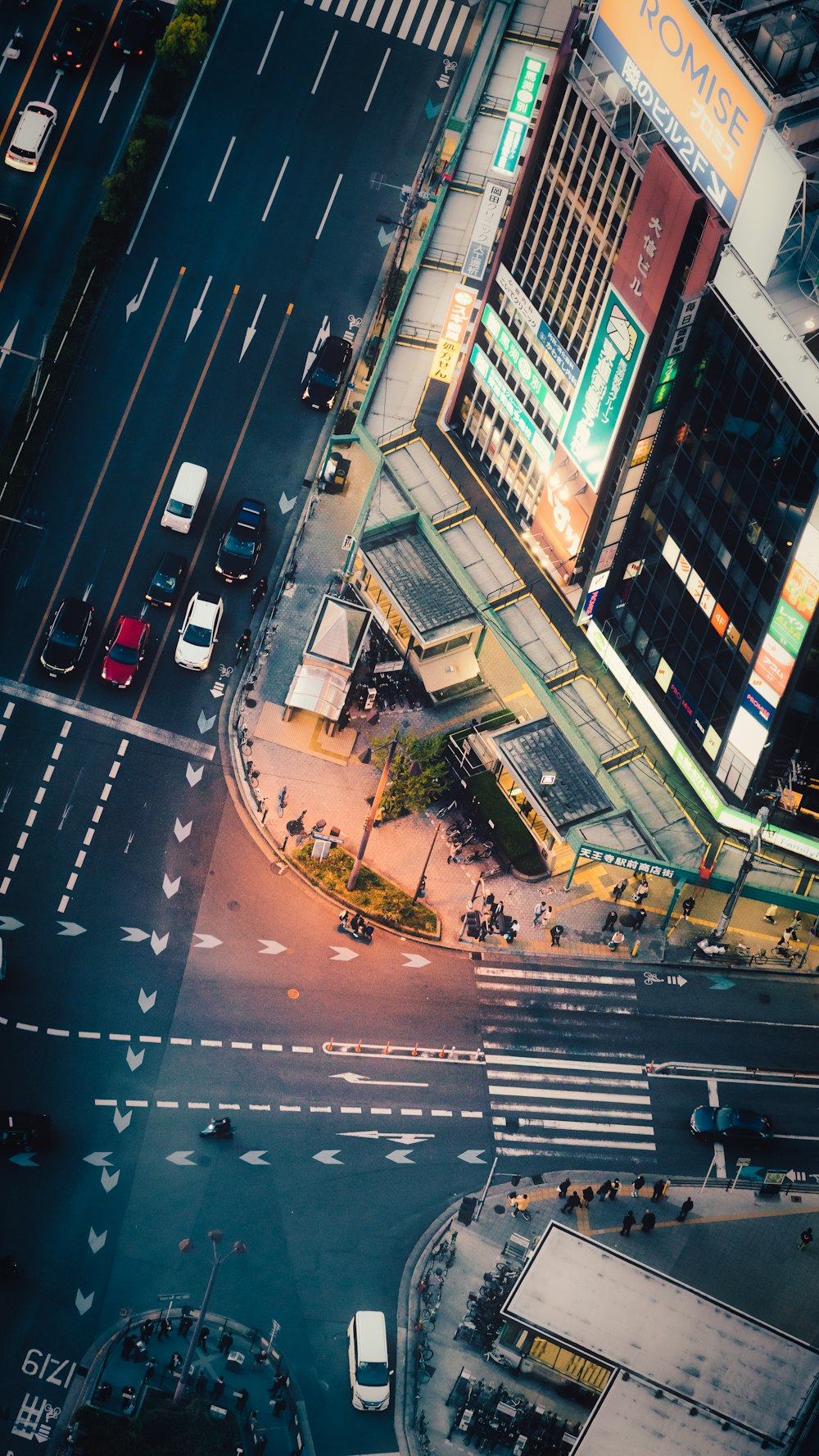 an aerial view of a city street at night