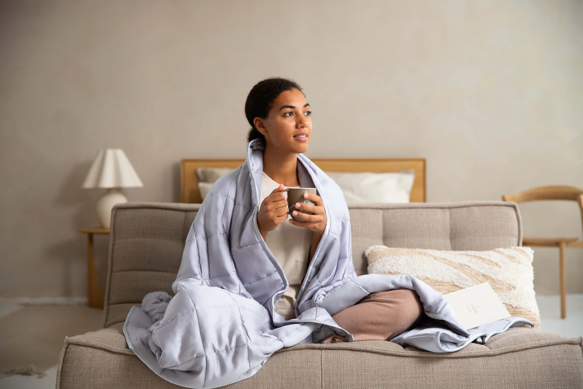 Woman relaxing on a couch under a blanket with a warm drink
