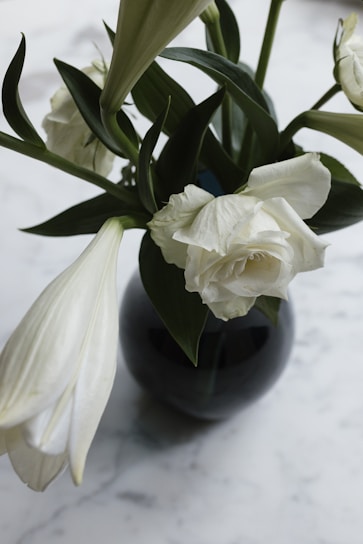 A dark vase holds elegant white flowers, including a large rose and lilies, surrounded by lush green leaves. The arrangement is set against a pale, marble-like background, highlighting the contrast between the soft petals and the sleek vase.