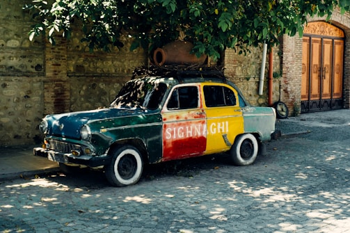 A vintage car painted with large blocks of green, red, and yellow sits parked on a cobblestone street. The word 'SIGNAGHI' is painted in white letters on the car's side. A large clay pot and tree branches rest on the car's roof, partially covered by the overhanging branches of a tree above. The surrounding area includes a stone and brick wall and a wooden gate.
