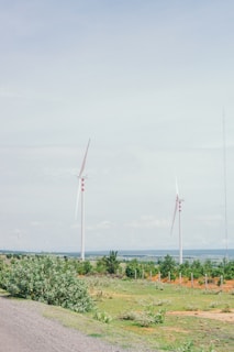 Two wind turbines are located in a rural landscape with a clear sky. The foreground includes green vegetation and a dirt path, while the background shows more turbines and a distant view of hills.