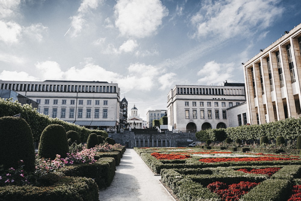 a garden in front of a large building