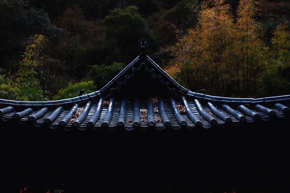 the roof of a building with a tree in the background