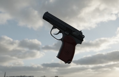A handgun with a brown grip and black body is pictured against a backdrop of a cloudy sky. The focus is on the firearm with details of its hammer, trigger, and barrel clearly visible.
