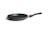 A black frying pan with an orange detail on the handle is placed against a plain, light-colored background. The pan has a sleek, modern design with a smooth, non-stick surface.