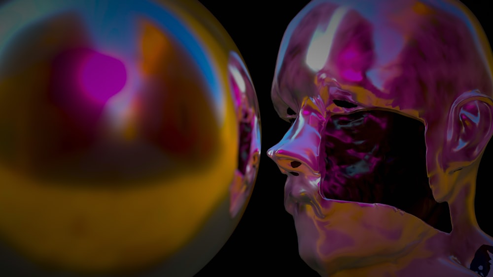 a close up of a person's face next to a ball