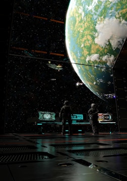 Two figures in space suits stand in a futuristic room facing large windows. The view outside shows a large, detailed planet with clouds and greenery, as well as several spaceships floating nearby. The interior is sleek and metallic, with digital consoles emitting a soft glow.
