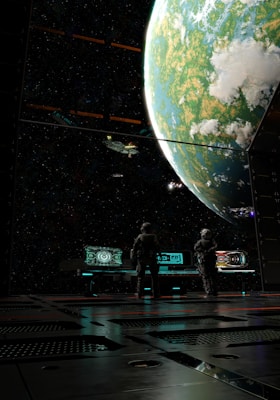Two figures in space suits stand in a futuristic room facing large windows. The view outside shows a large, detailed planet with clouds and greenery, as well as several spaceships floating nearby. The interior is sleek and metallic, with digital consoles emitting a soft glow.