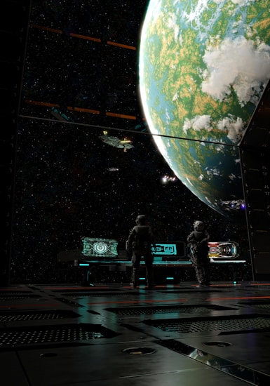 Two figures in space suits stand in a futuristic room facing large windows. The view outside shows a large, detailed planet with clouds and greenery, as well as several spaceships floating nearby. The interior is sleek and metallic, with digital consoles emitting a soft glow.