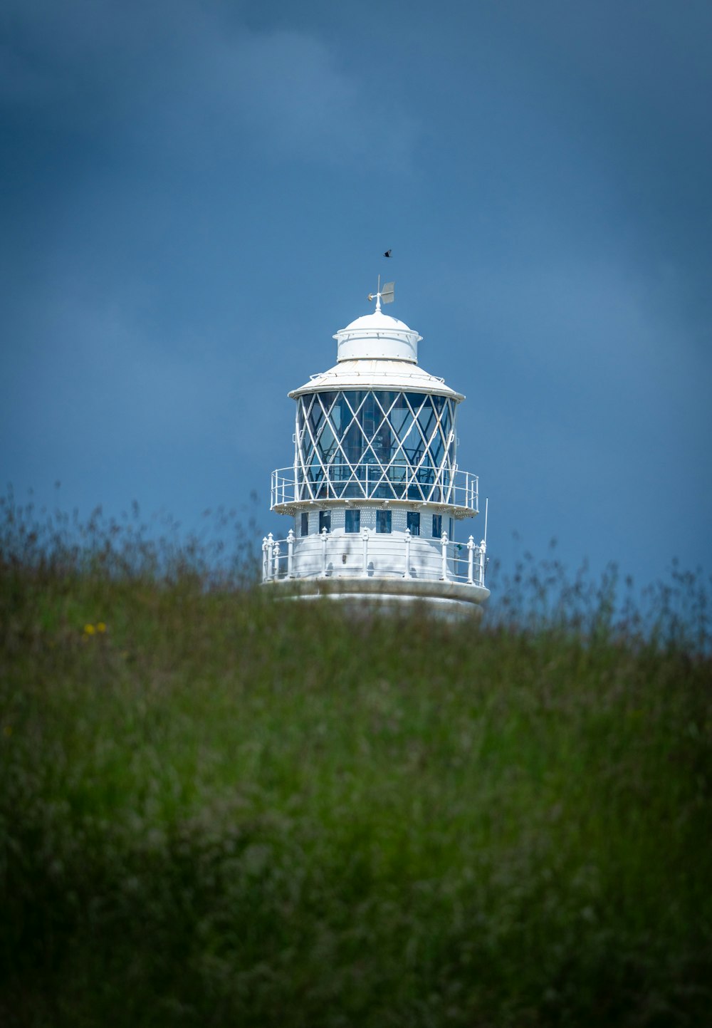a white and blue lighthouse on top of a hill