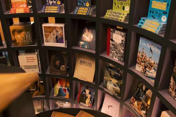 A bookshelf with various books displayed in a grid-like structure. The books have diverse covers, including topics on art, history, economy, and more. The shelf is part of an interior with a wooden railing visible in the foreground.